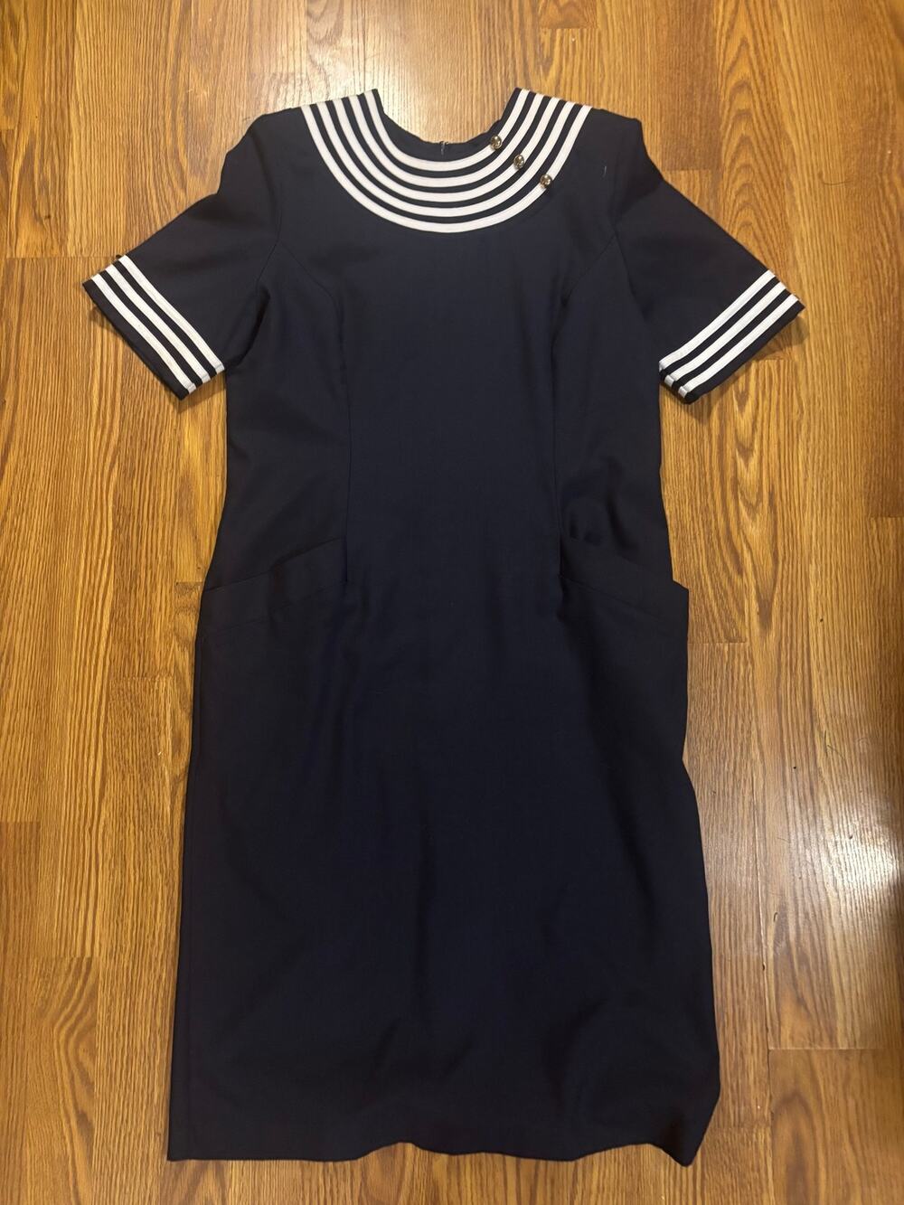 Vintage Navy/ White Sailor Nautical Preppy Fall Striped Midi Dress